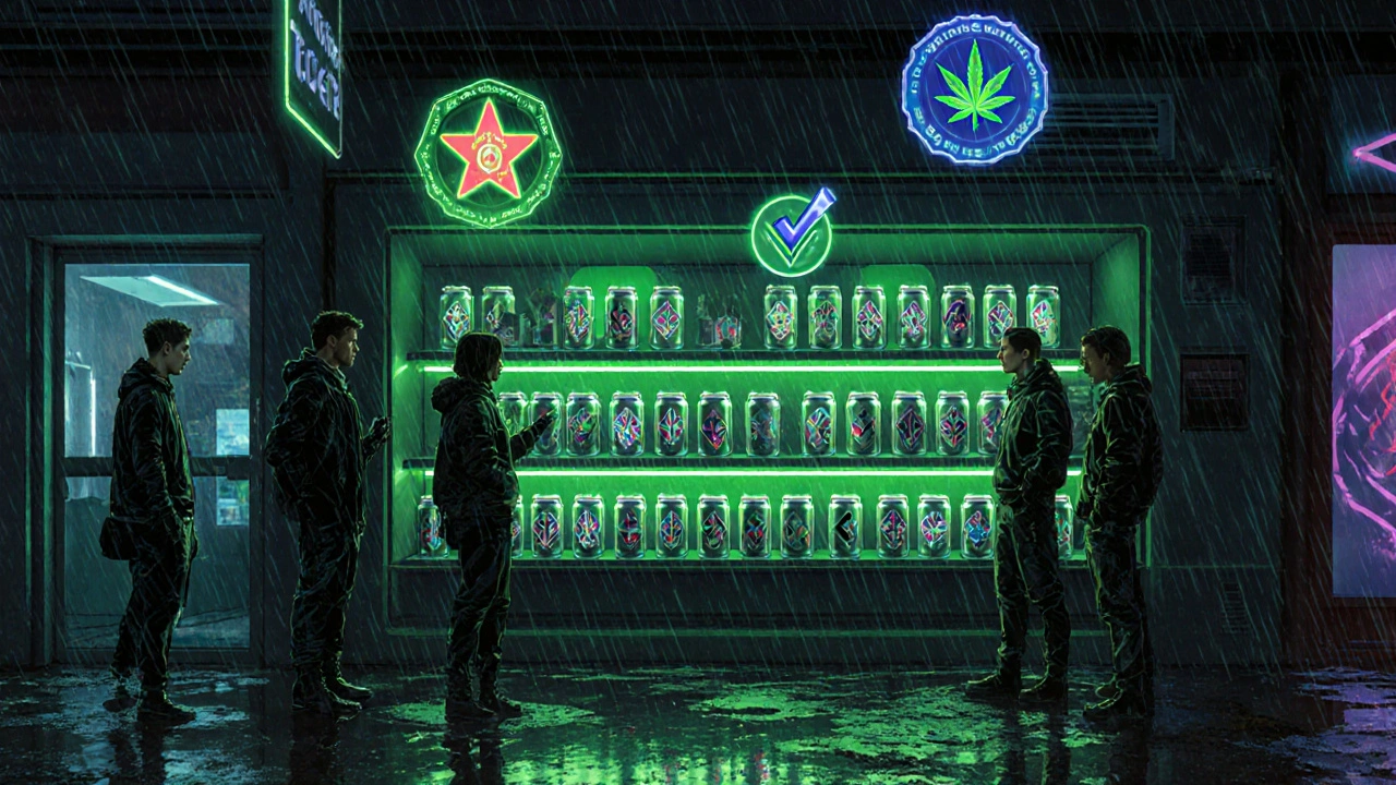 Futuristický obchod s neonovými plechovkami kanabisových energetik a hologramy.