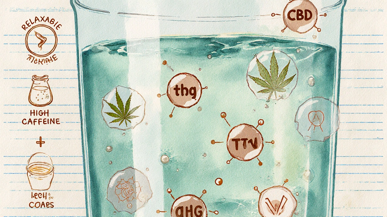 Ilustrace nápoje s plovoucími molekulami kofeinu, CBD, THC a vitamínů ve vodě.