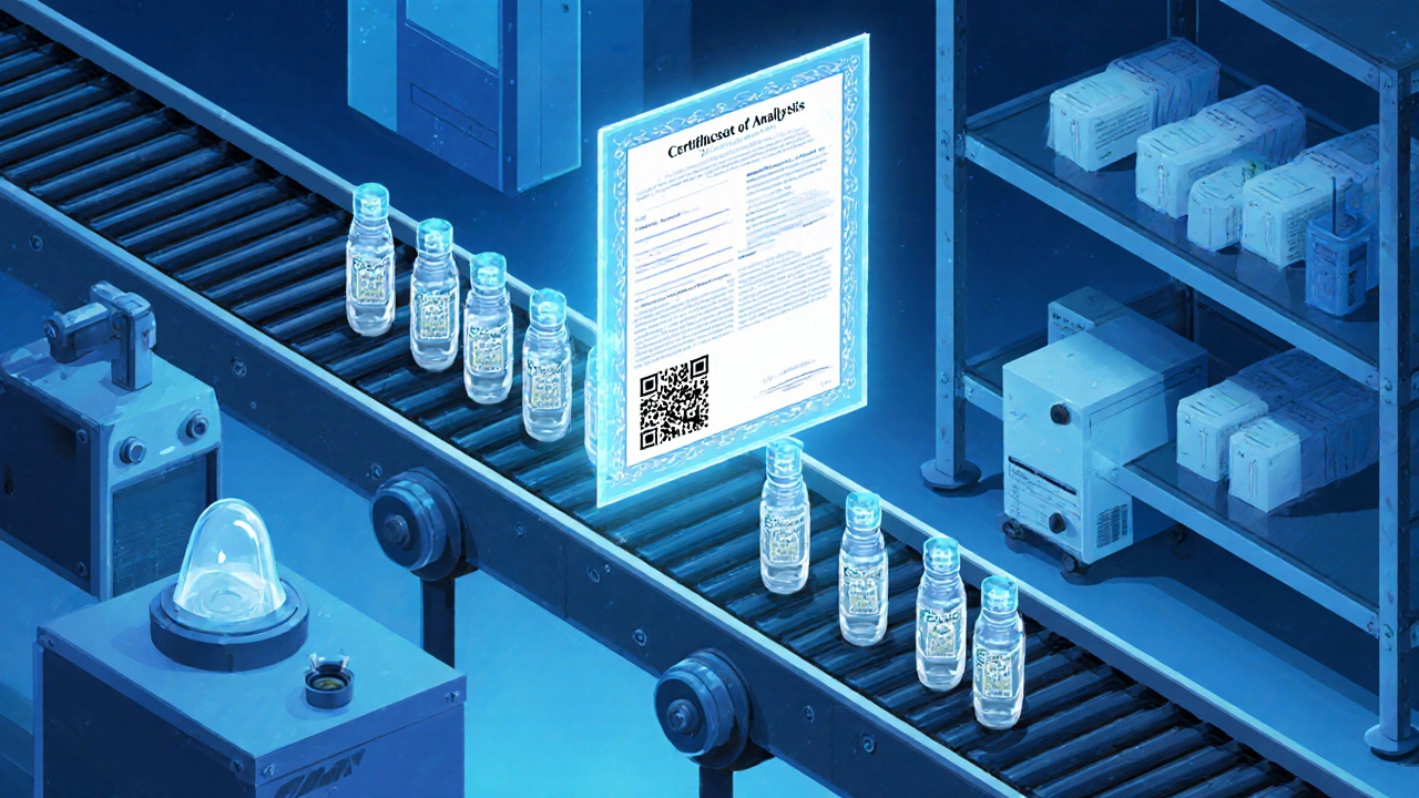 Laboratorní linie s CBD produkty a holografickým certifikátem analýzy.