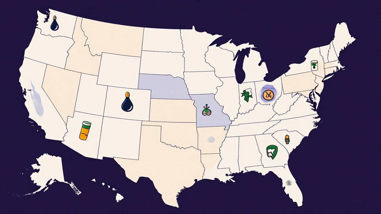 Mapa USA barevně rozdělená podle čtyř CBD regulací s ikonami.