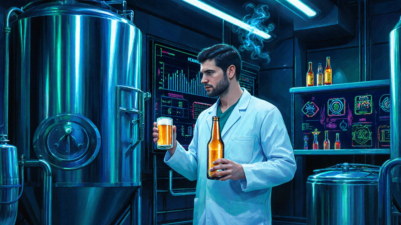 Moderní pivovarská laboratoř, vědec drží lahvičku cannabis IPA, neonové světlo a regulační dokumenty.