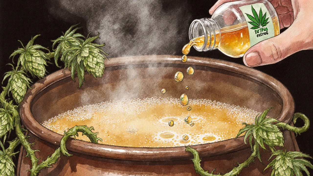 Pivovarní kotel s vařícím chmelem a lesklými kapkami THC oilu, ilustrace procesu infuze.