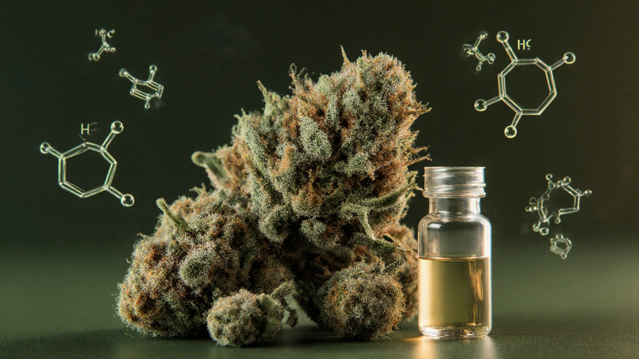 Detail květů HHC s terpeny a molekulárními strukturami CBD, THC a HHC v pozadí.