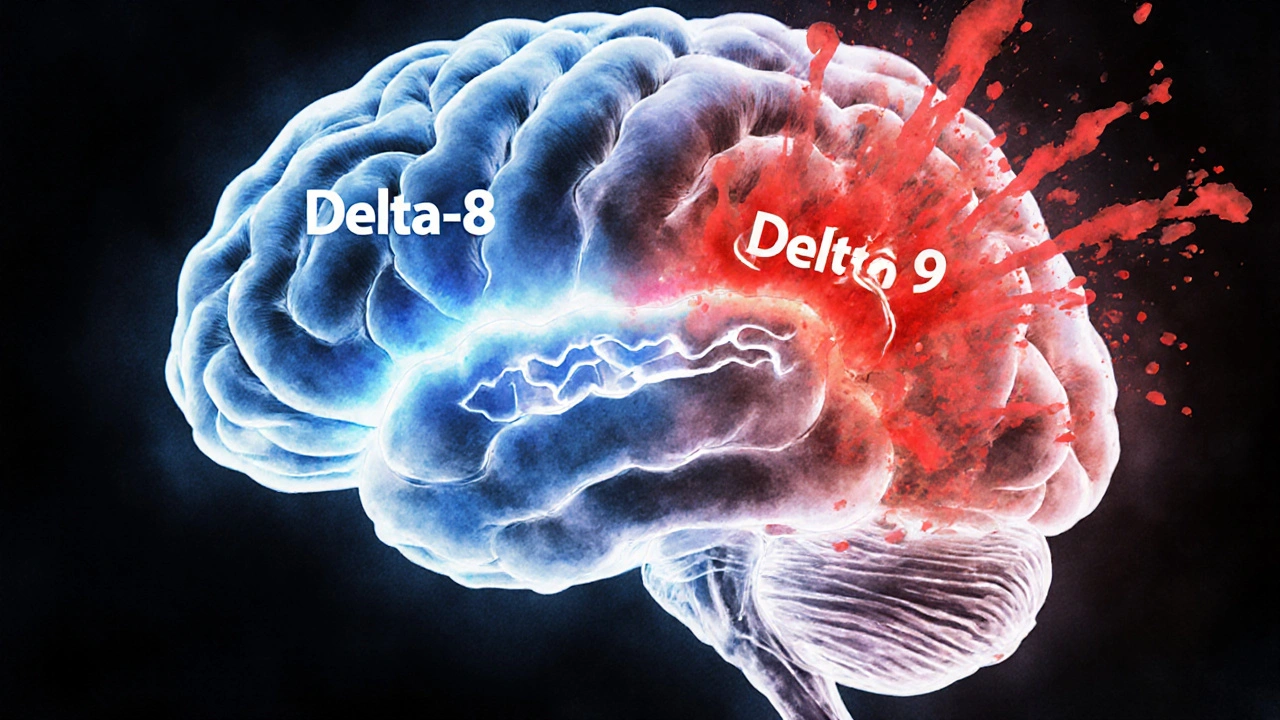 Ilustrace lidského mozku s různými cestami aktivace receptorů pro Delta-8 a Delta-9-THC.