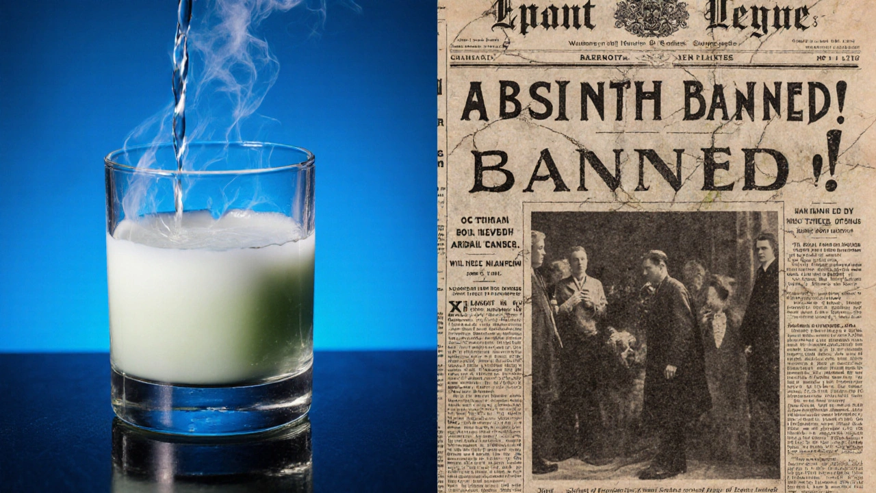 Moderní absinth při loučení vodou vlevo, stará novina o zakázání vpravo.
