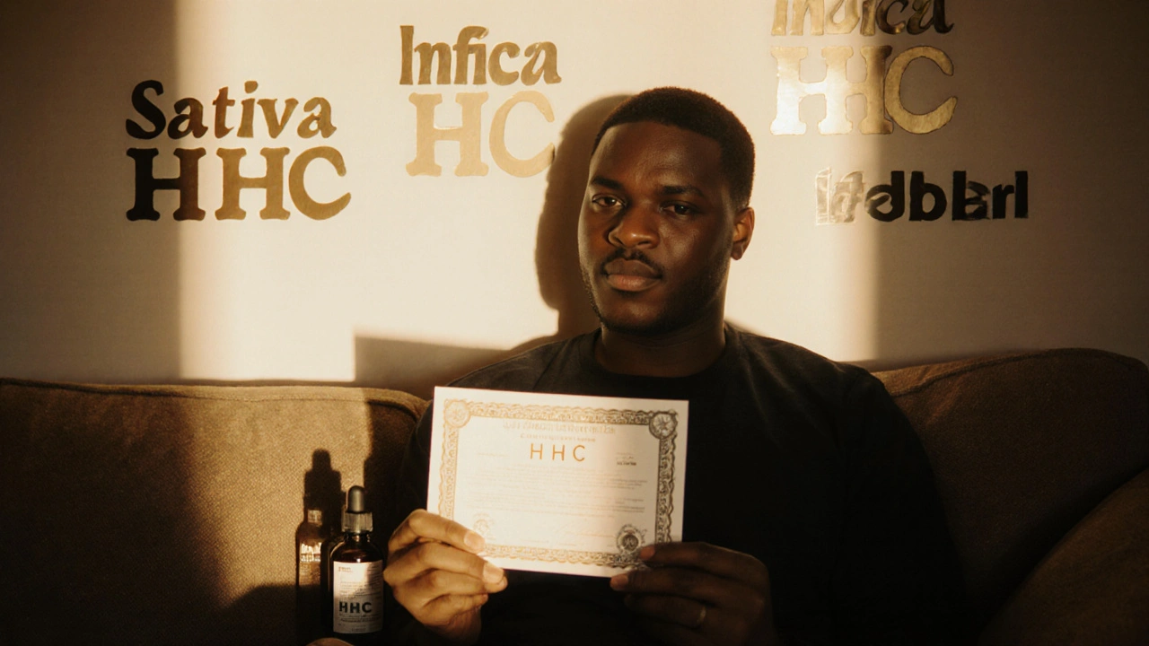 Osoba drží certifikát analýzy HHC, zatímco marketingové nálepky zmizí — klid a vědomost.