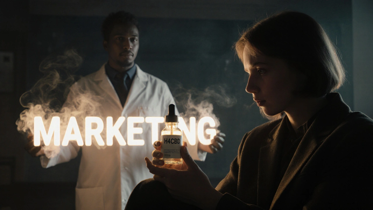 Osoba drží láhev H4CBD v tiché místnosti, za ní stín s plakátem 'MARKETING'.