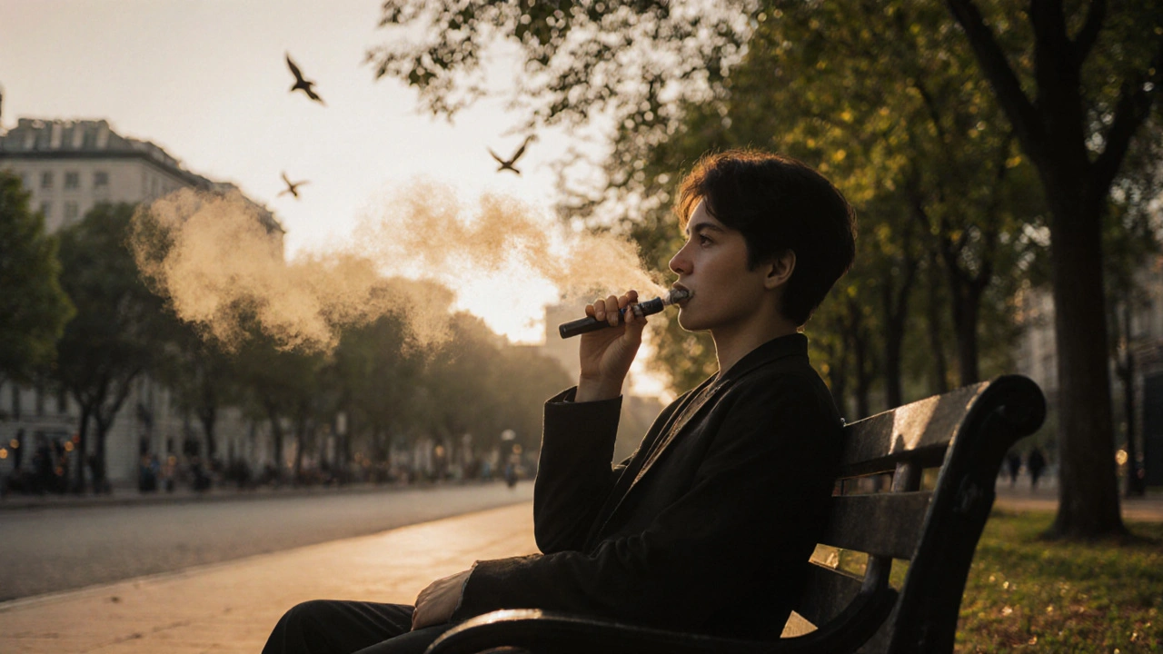 Osoba sedí na lavičce v parku v ranním světle s jemným výparou z vape kartridže.