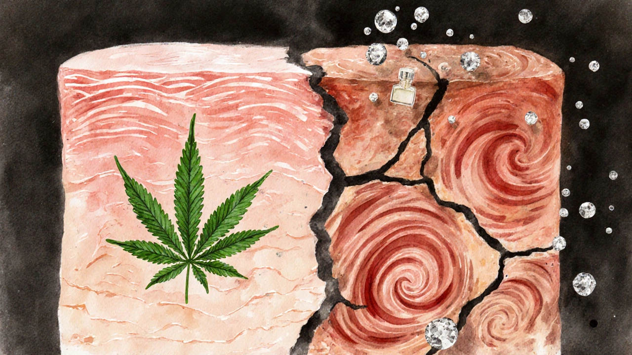 Rozdělená kůže: jedna strana zdravá s listem CBD, druhá zánětlivá s alergenními látkami.