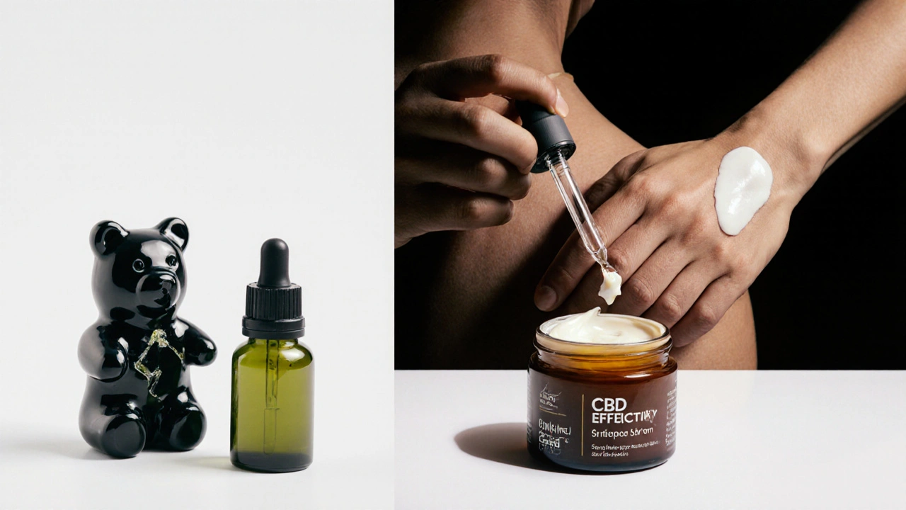 Tři CBD produkty: gumička, olej pod jazyk a krém – efektivní formy v osvětlení.