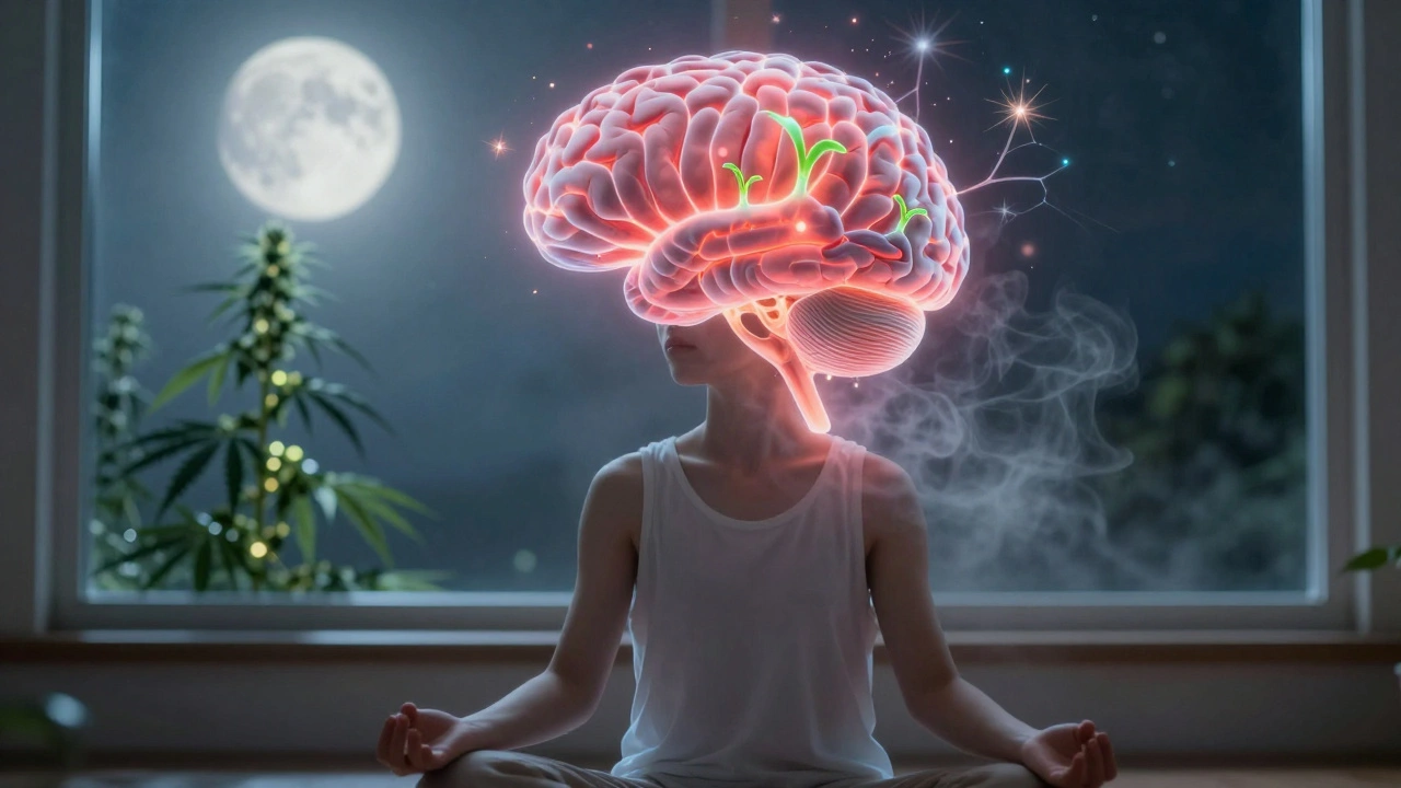 Člověk v meditaci s transparentním obrazem zdravého mozku nad hlavou