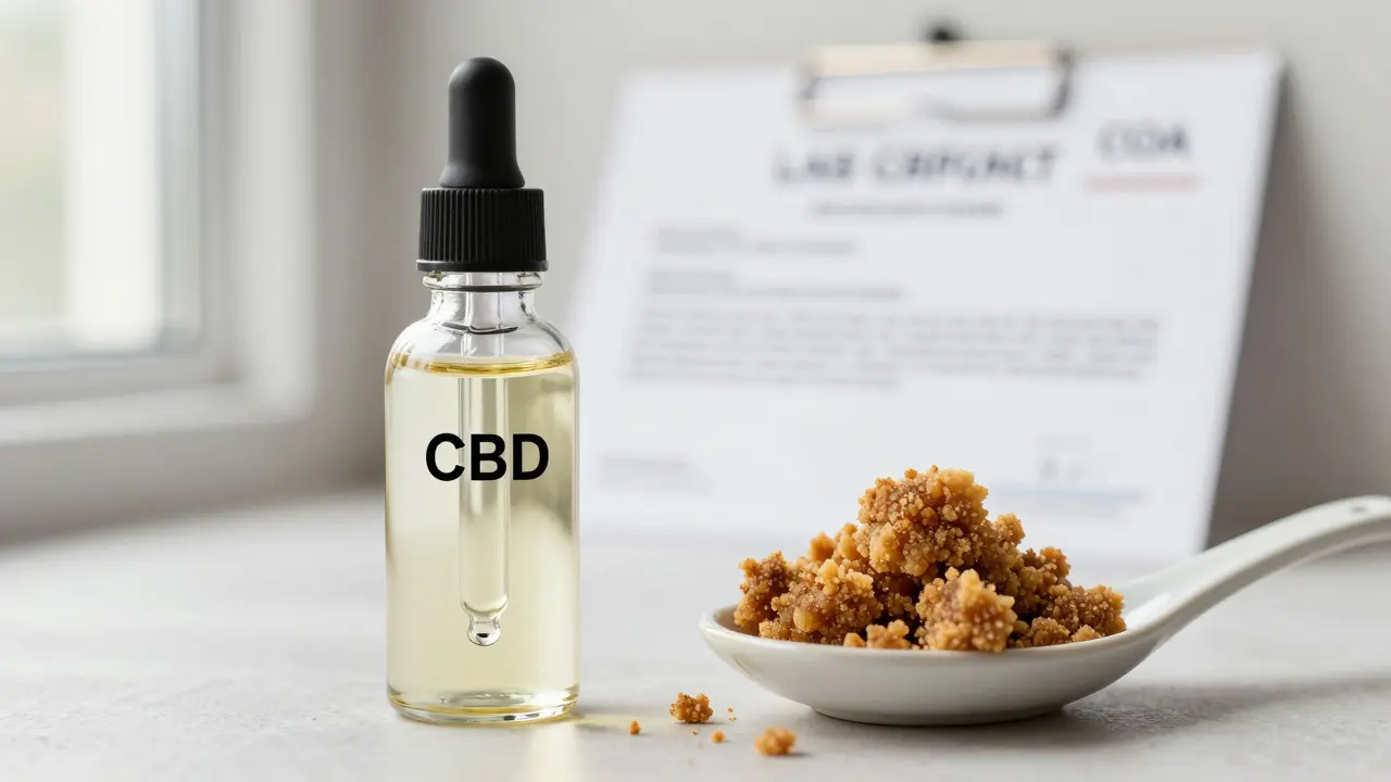 Dvě formy CBD: olej v kapkáči a crumble na lžíci, s certifikátem analýzy na pozadí.