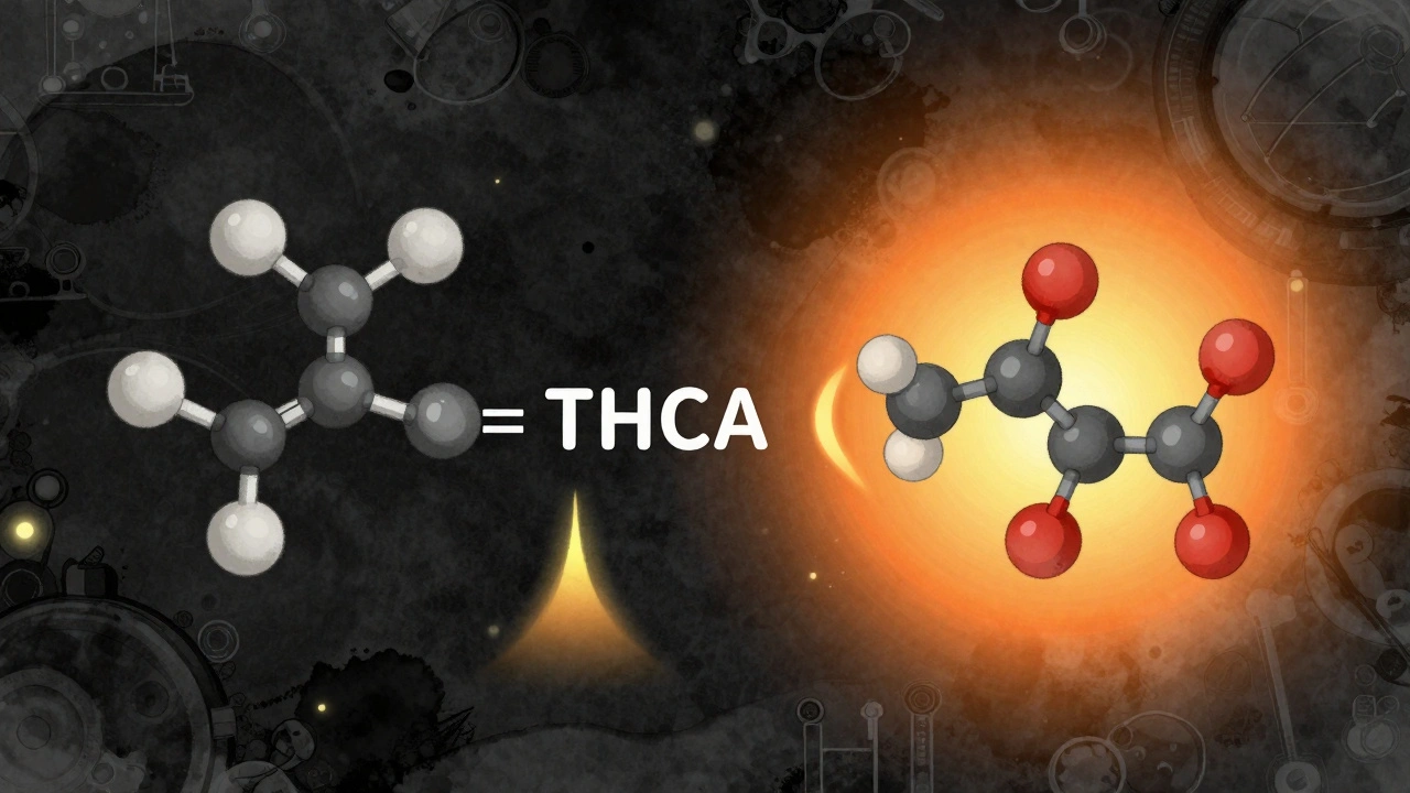 Molekulární přeměna THCA na THC pod vlivem tepla, vědecký styl s teplými odstíny.
