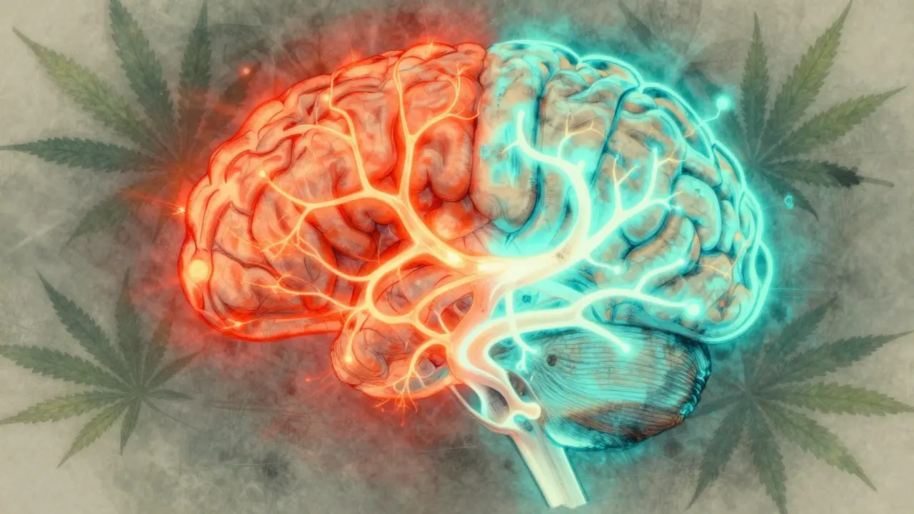 Rozdělený mozek s teply znázorňujícími různé efekty Delta 9 a Delta 10.