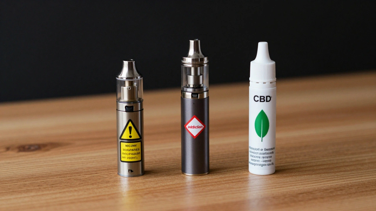 Tři vape zařízení na stole: nebezpečné, nikotinové a čisté CBD s certifikátem.