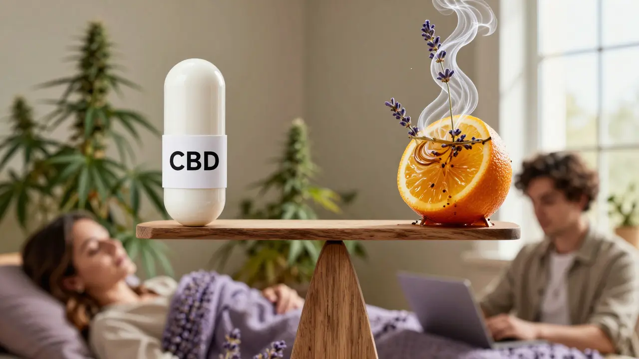 Váha mezi izolovaným CBD a kompletním extraktem s terpeny, symbolizující účinek celého spektra.