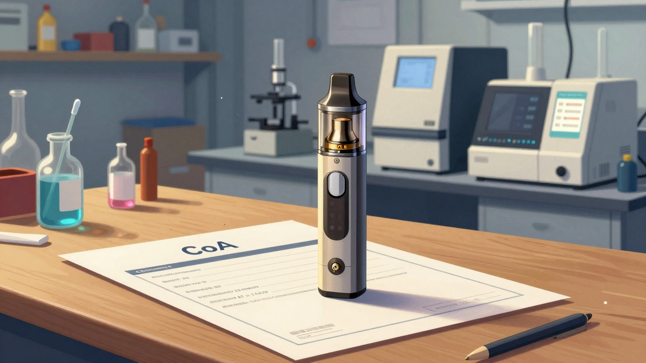 Vape pero vedle certifikátu o analýze, kontrast mezi bezpečnou výrobou a nelegální garážovou výrobou.