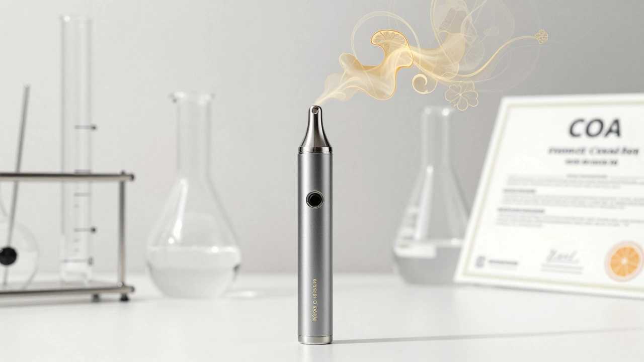 Vaporizér uvolňující zlatý mlhavý odpar s přirozenými terpeny.