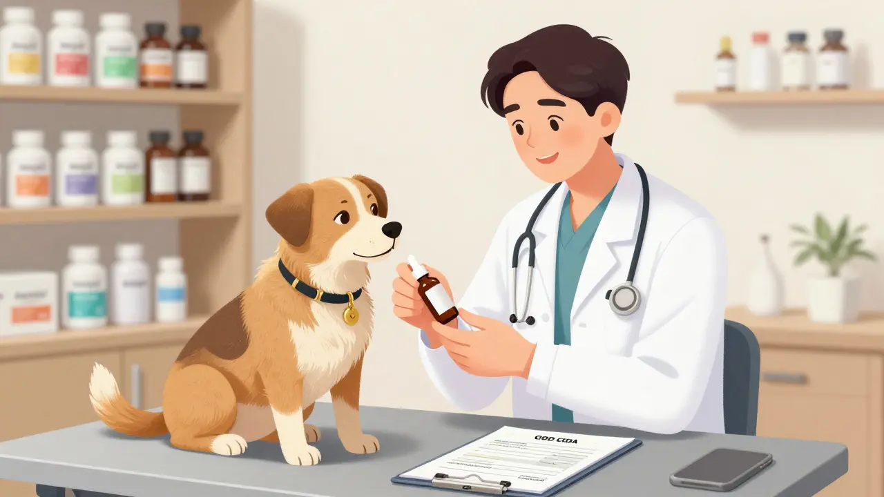 Veterinář podává CBD olej psu na vyšetřovacím stole, na pozadí doplňky stravy.