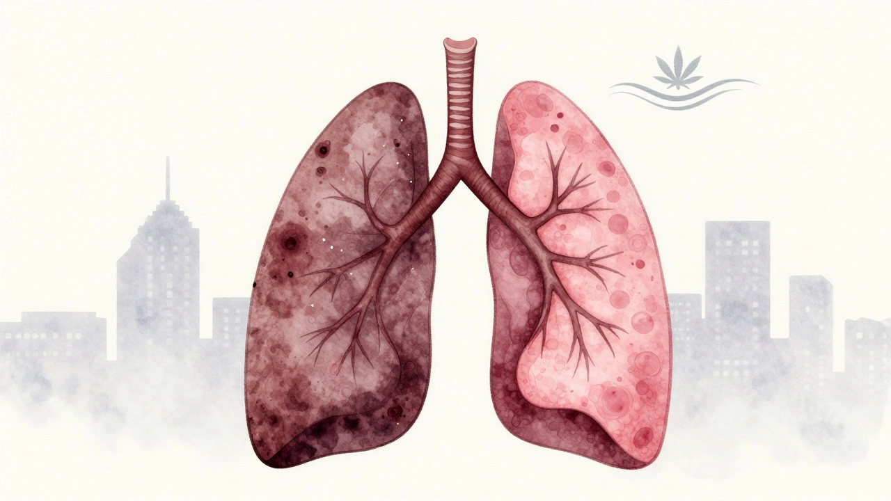 Zdravé plicní tkáně se postupně obnovují, symbolizované CBD molekulou.