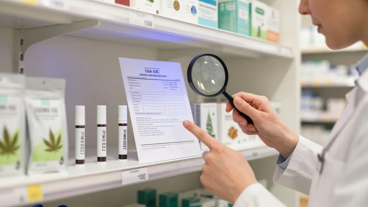 Lékárník ukazuje na police s CBD kartáčky a laboratorním potvrzením v české lékárně