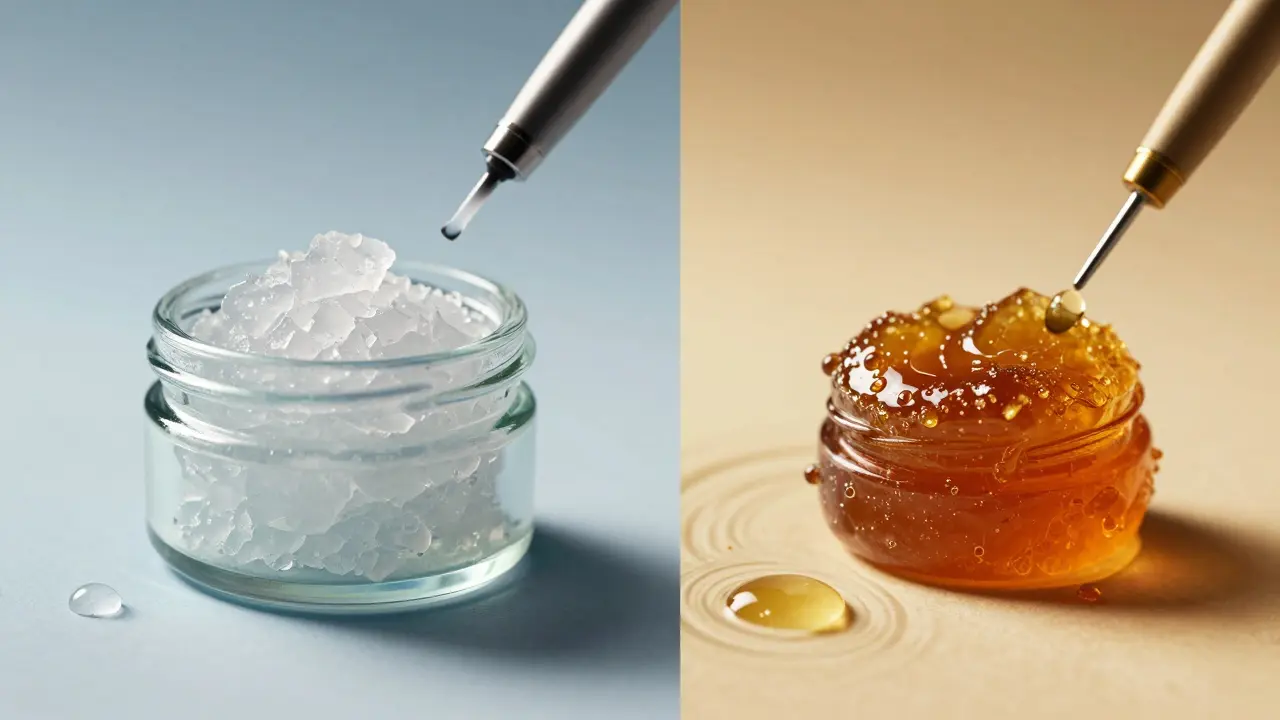Shatter a rosin vedle sebe, skelná konzistence vs. lepkavá tekutina s terpeny.