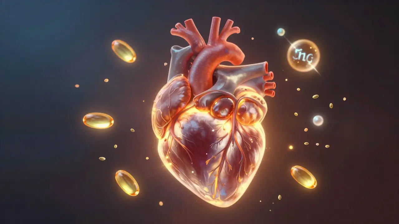 Srdce obklopené semínky konopí a molekulami omega-3, symbolizující zdraví cév.