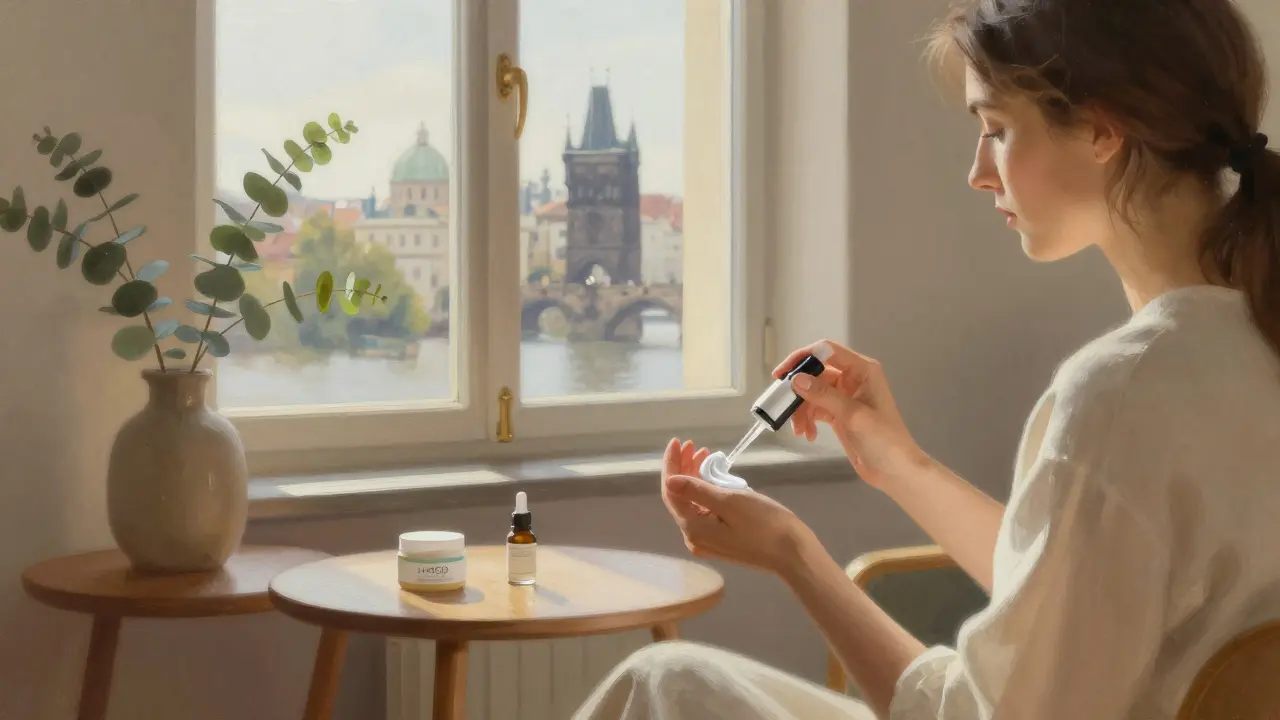 Žena aplikuje H4CBD krém v pražském bytě s výhledem na most