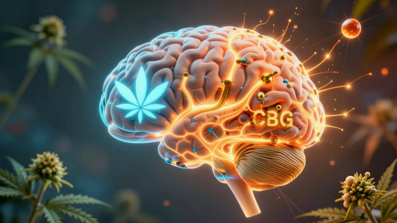 Abstraktní mozek s třídy světelných cest: CBD pomalu a CBG rychle aktivuje neurotransmitery.