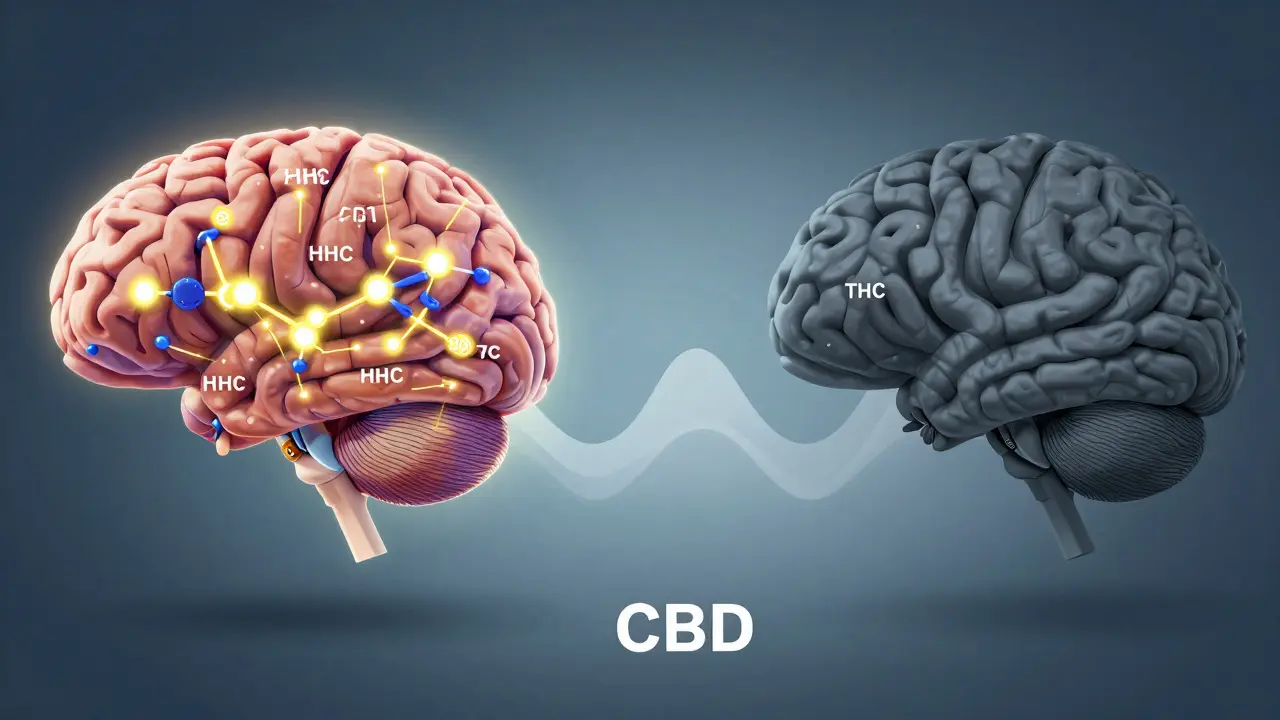 Conceptual comparison of HHC, THC, and CBD effects on the brain.