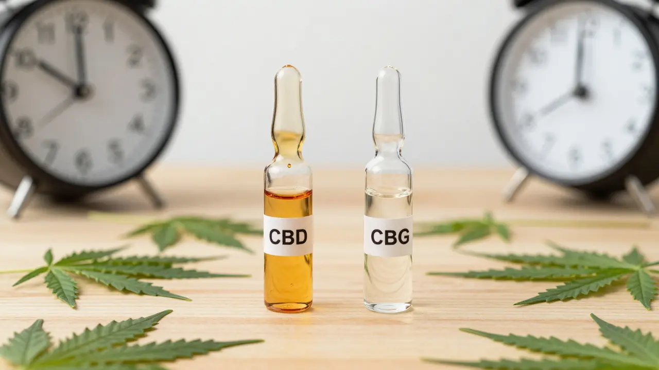 Dvě lahvičky s CBD a CBG olejem na dřevěném stole, hodiny a listy konopí kolem.