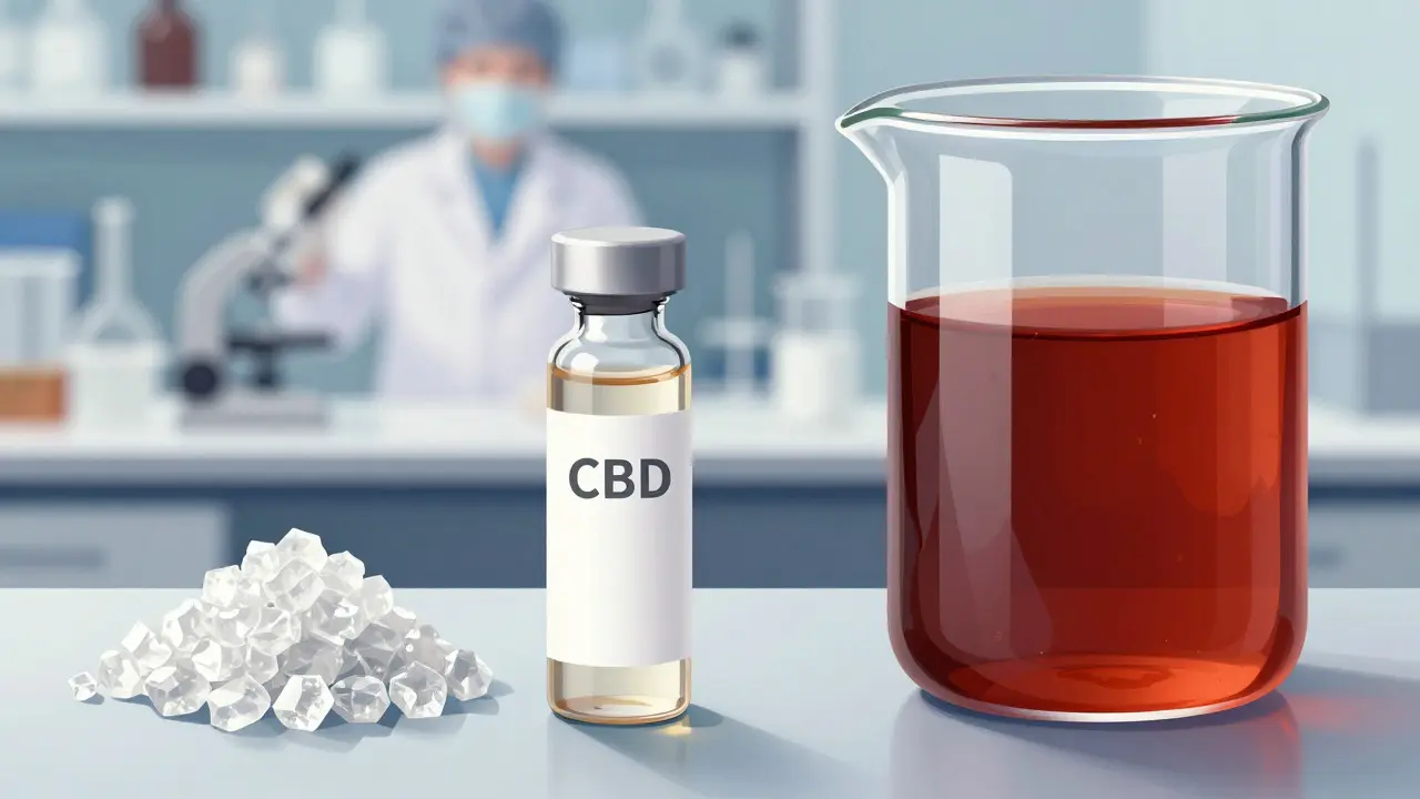 Laboratoř: vědec s čistým CBD izolátem a sklenicí cannabis vína vedle sebe.