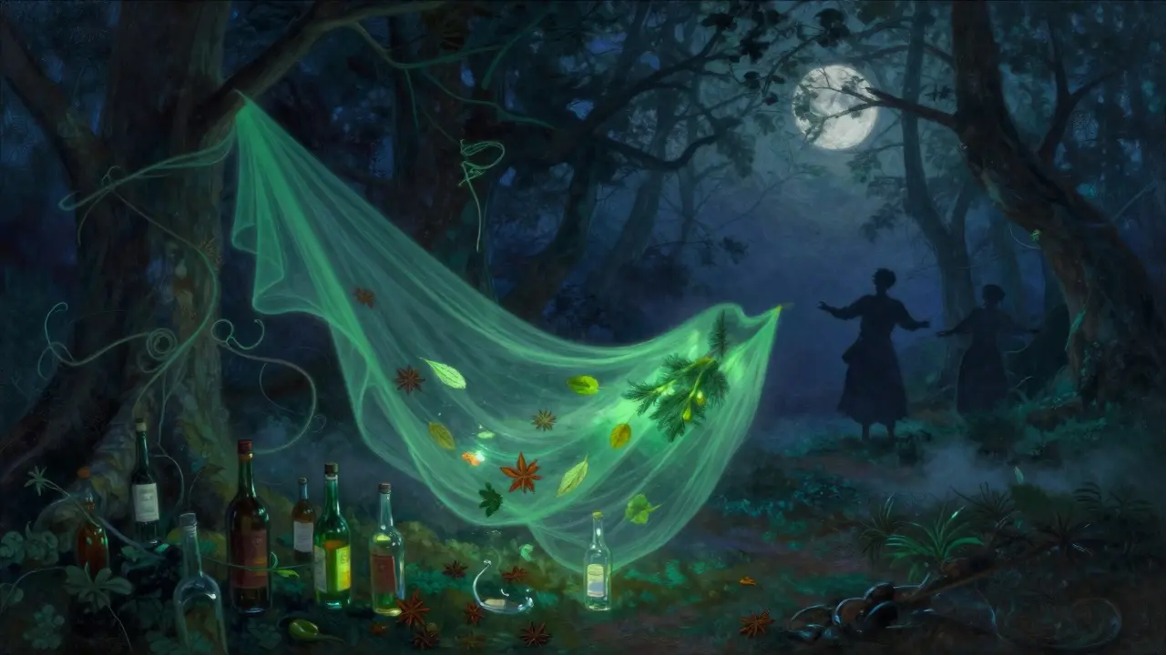 Magická zelená mlha plavající mezi stromy, symbolizující Zelenou vílu.
