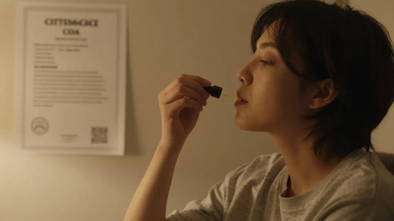 Person calmly using HHC oil dropper in a cozy, dimly lit room.