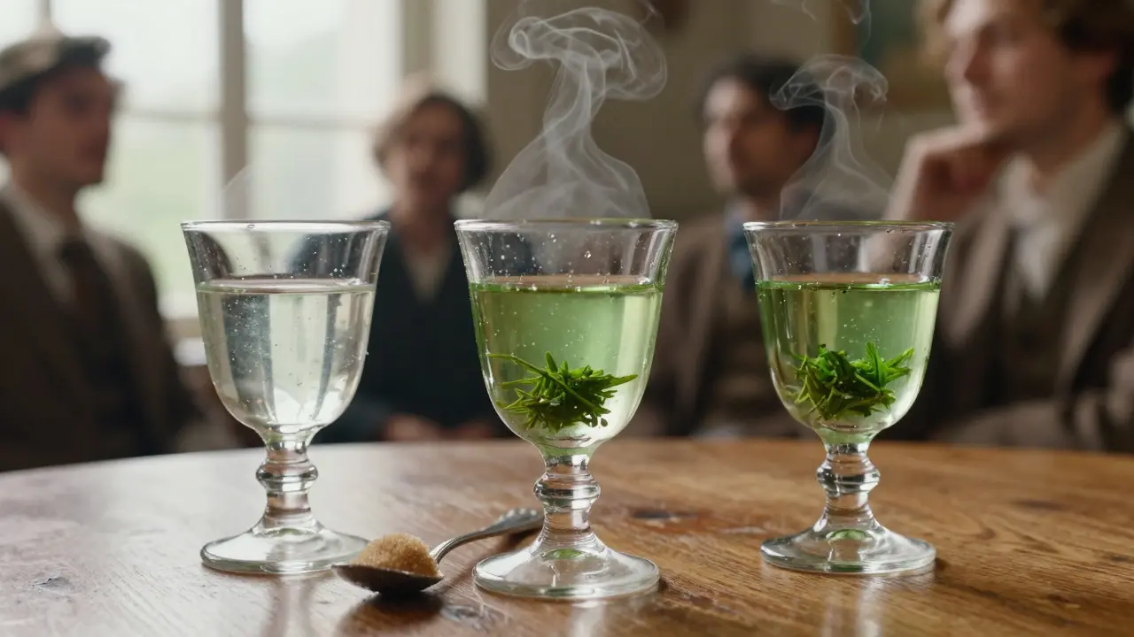 Tři antické sklenice absintu na dřevěné tabuli, připravované tradičním způsobem.