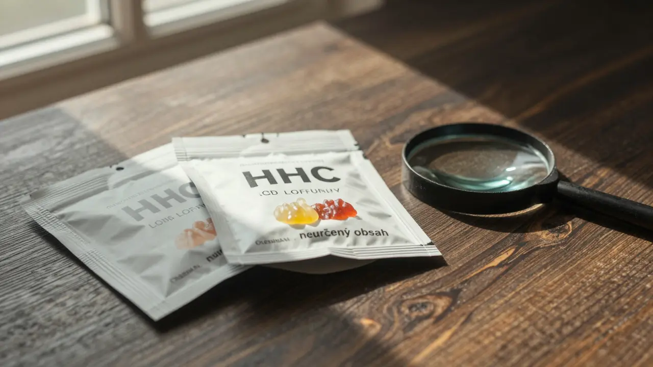 Tři balíčky HHC gumiček vedle legálního CBD balíčku na stole s magnifikací textu na obalu.