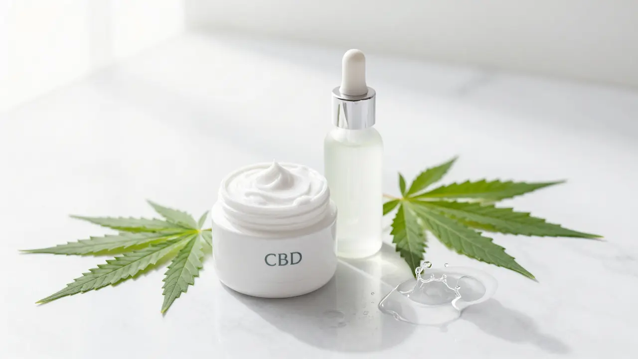 CBD krém a sérum na mramorové ploše s čerstvými listy konopí.