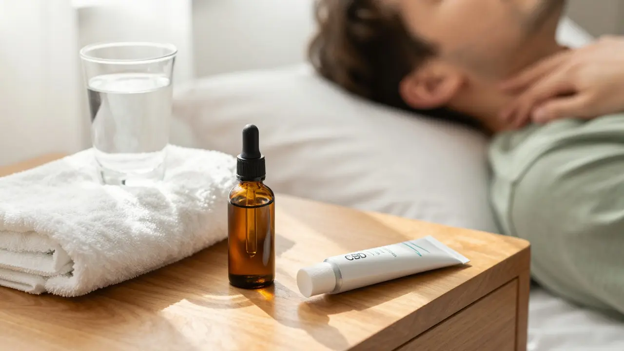 CBD olej a krém na stole vedle osoby, která si uvolňuje šíji.