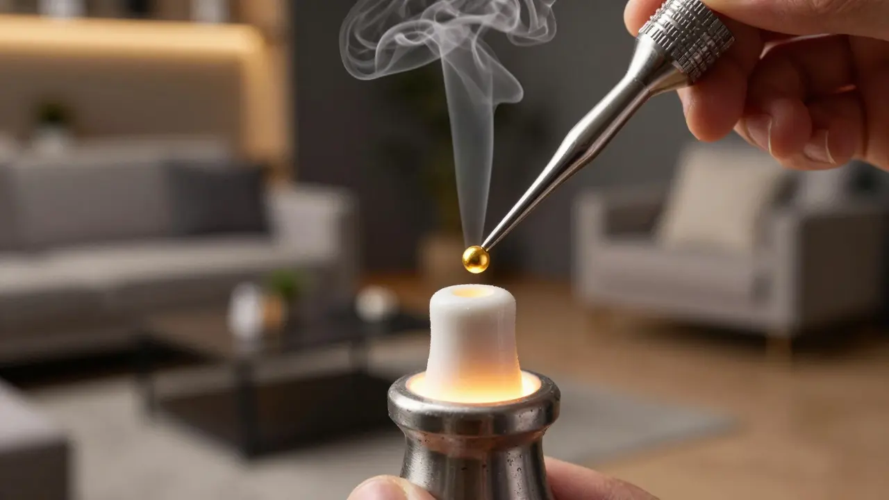 Detail aplikace CBD waxu na rozpálený hrot dabbingového zařízení.