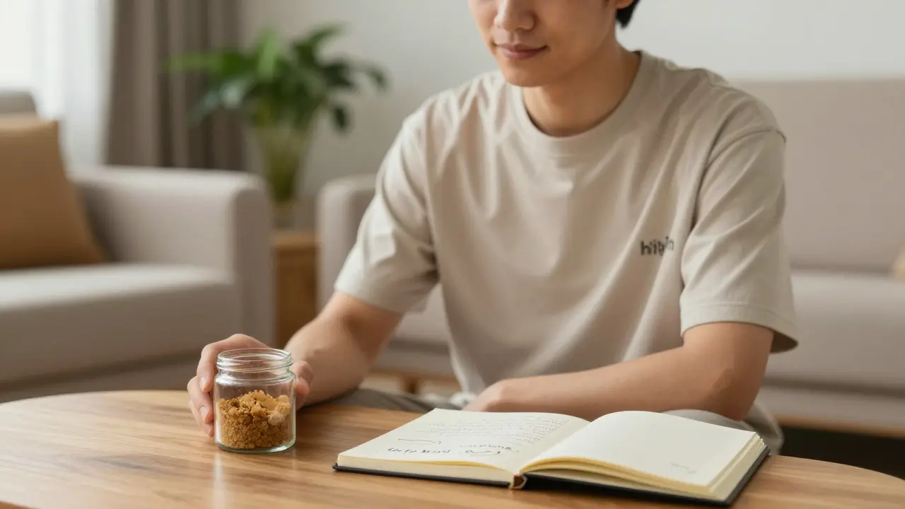 Klidný člověk v obývacím pokoji s nádobkou CBD crumble na stole.