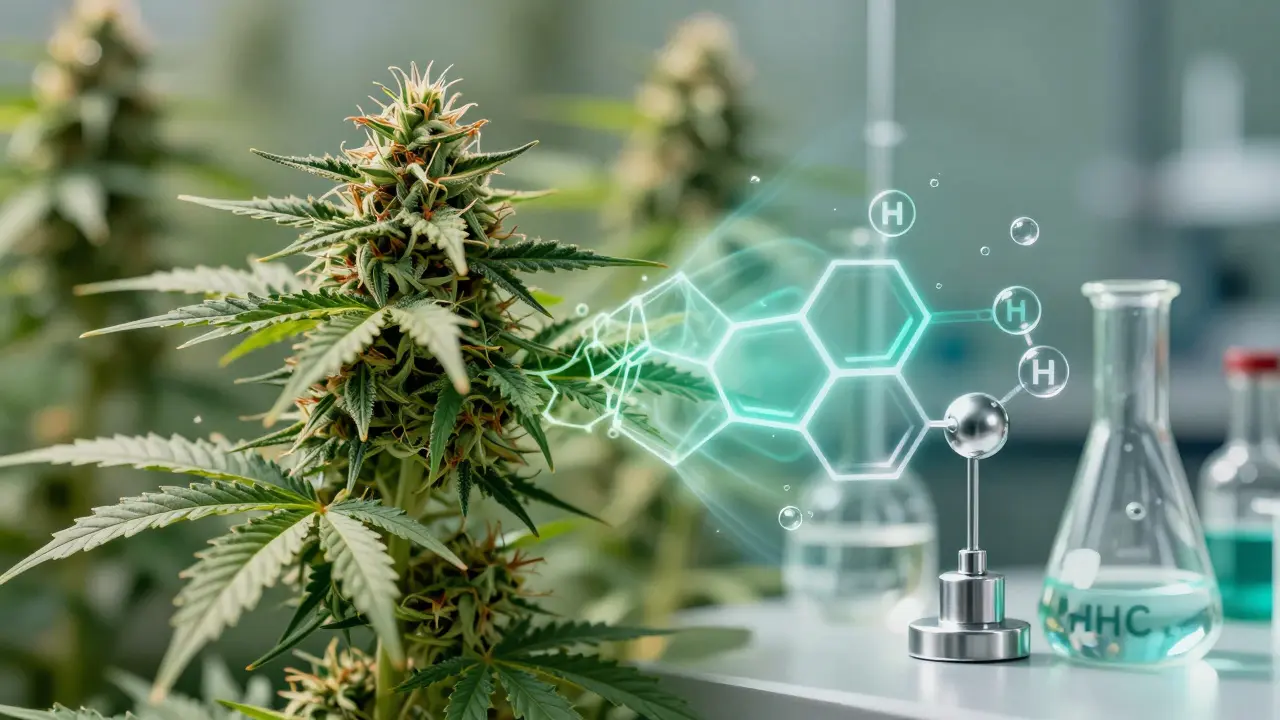 Konceptuální obraz přechodu z přirozeného konopného květu do chemické laboratoře.