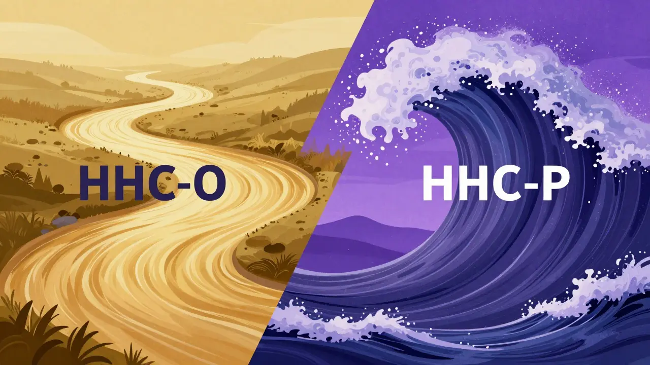 Konceptuální obraz znázorňující jemný proud řeky HHC-O a silnou vlnu HHC-P.