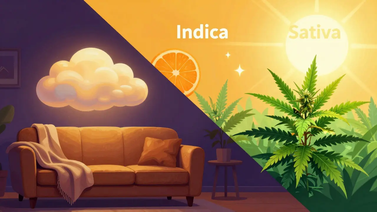 Konceptuální obraz znázornující relaxační efekt Indicy a energizující pocit Sativy.