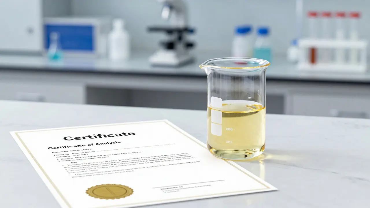 Laboratorní nádoba s zlatým olejem a certifikátem analýzy COA na mramorové desce.
