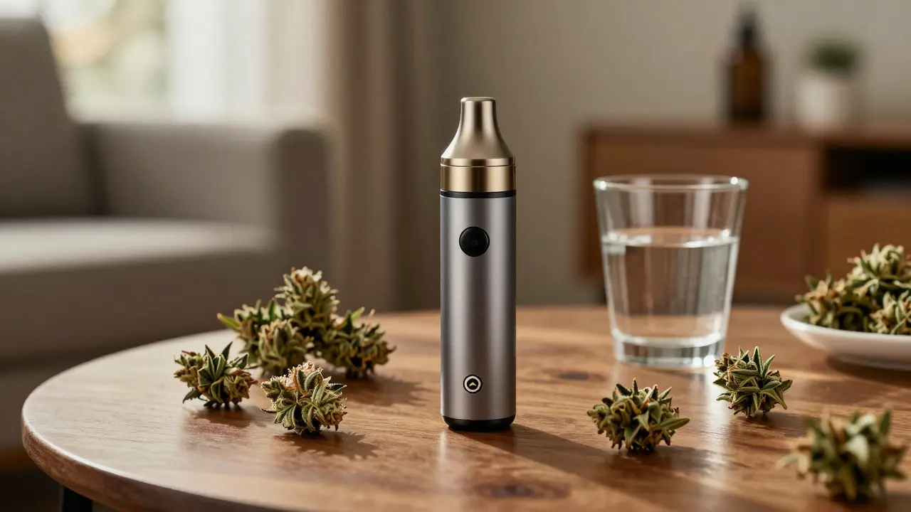 Moderní vaporizér a CBD květy na stole s přechodem dne do večera.