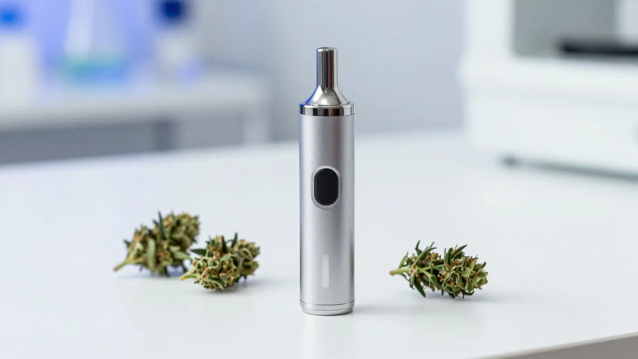 Moderní vaporizér na konopí svící na bílém podkladu jako zdravější alternativa.
