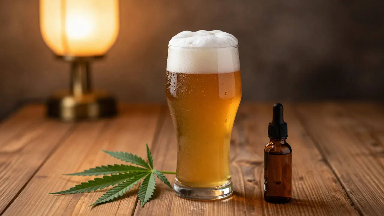 Sklenice konopného piva s pěnou na dřevěném stole vedle CBD oleje a konopných listů.