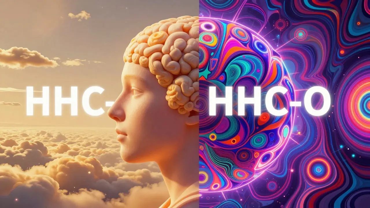 Surrealistická vizualizace rozdílu mezi relaxačním efektem HHC-O a intenzitou HHC-P.
