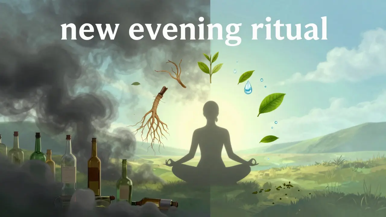 Umělecká ilustrace detoxu a meditace s přírodními adaptogeny pro zklidnění mysli.