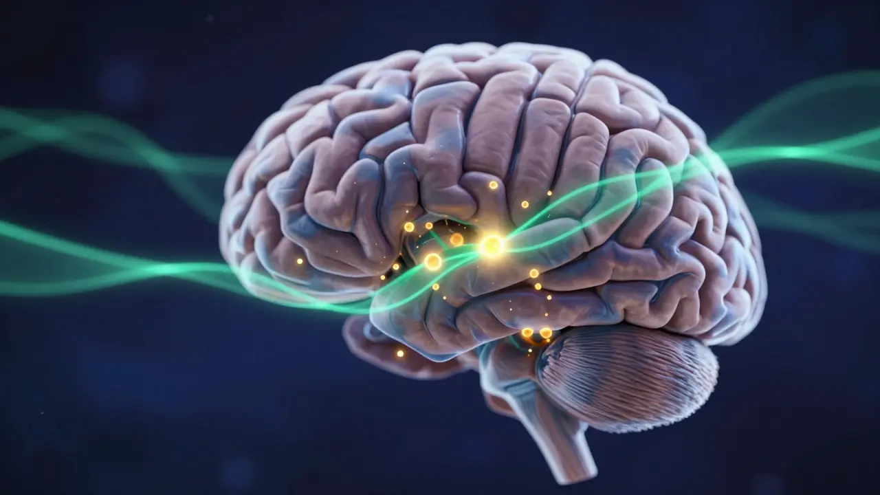 Umělecká vizualizace působení CBD na serotonin a receptory v lidském mozku.